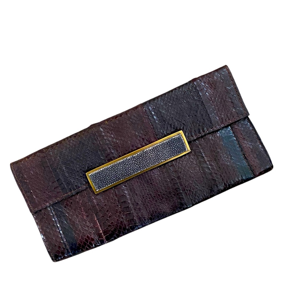 Vintage 90’s R&Y Augousti SnakeSkin Leather Wooden Magnetic Flap Clutch